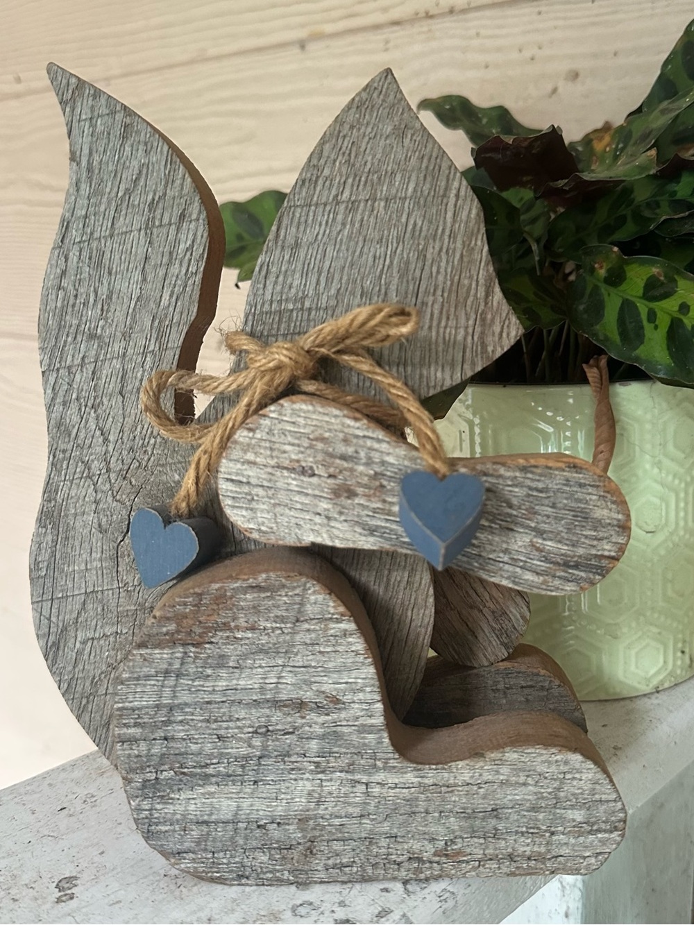 Rustic Vintage Wooden Squirrel Figurine with Blue Heart Accents Shelf Sitter